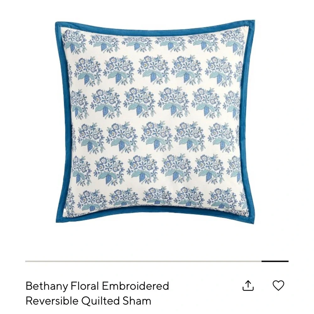 Pottery Barn Bethany Floral Embroidered Reversible Quilted Euro Sham 26x26 Blue